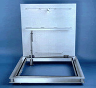 An opened aluminum TUF Exterior Access Hatch.