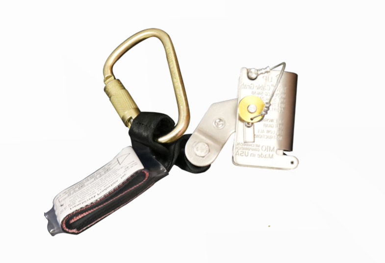 cable-part-1_orig A strap that attaches to a wire rope to prevent workers from falling from a ladder.