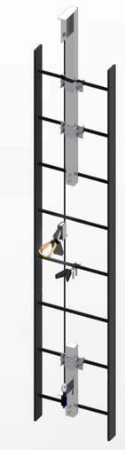 cable-part An aluminum ladder with a wire rope and a carabiner in the middle of the ladder.