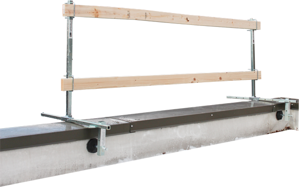 A portable guardrail system with wheels that allow it to move back and forth across a ledge.