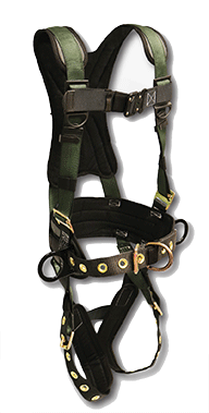A green and black full body harness.