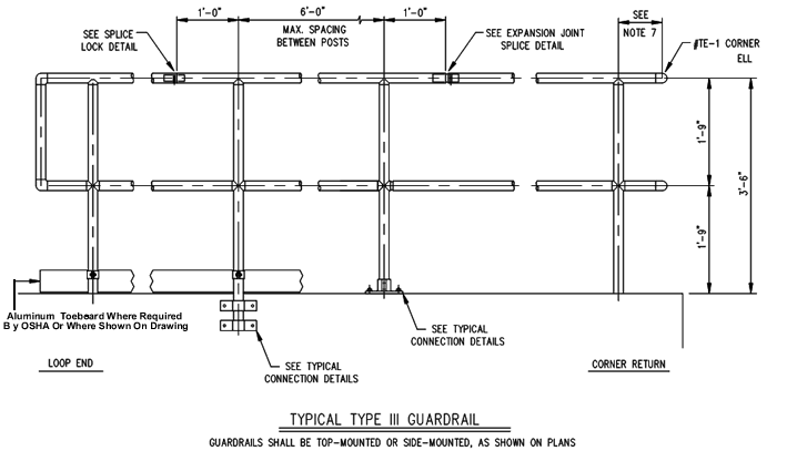 A technical drawing of an industrial aluminum handrail