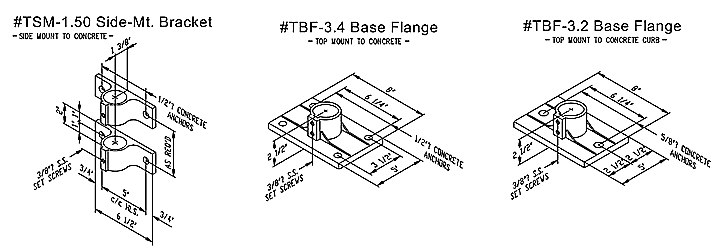 A technical drawing of different types of aluminum brackets and flanges.