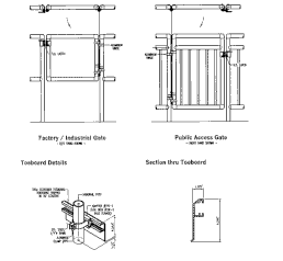 A technical drawing of aluminum handrail components including gates and hinges.