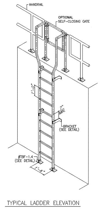 safety-ladder-3_1_orig A technical drawing of an aluminum fixed ladder with dimensions and lines to features.