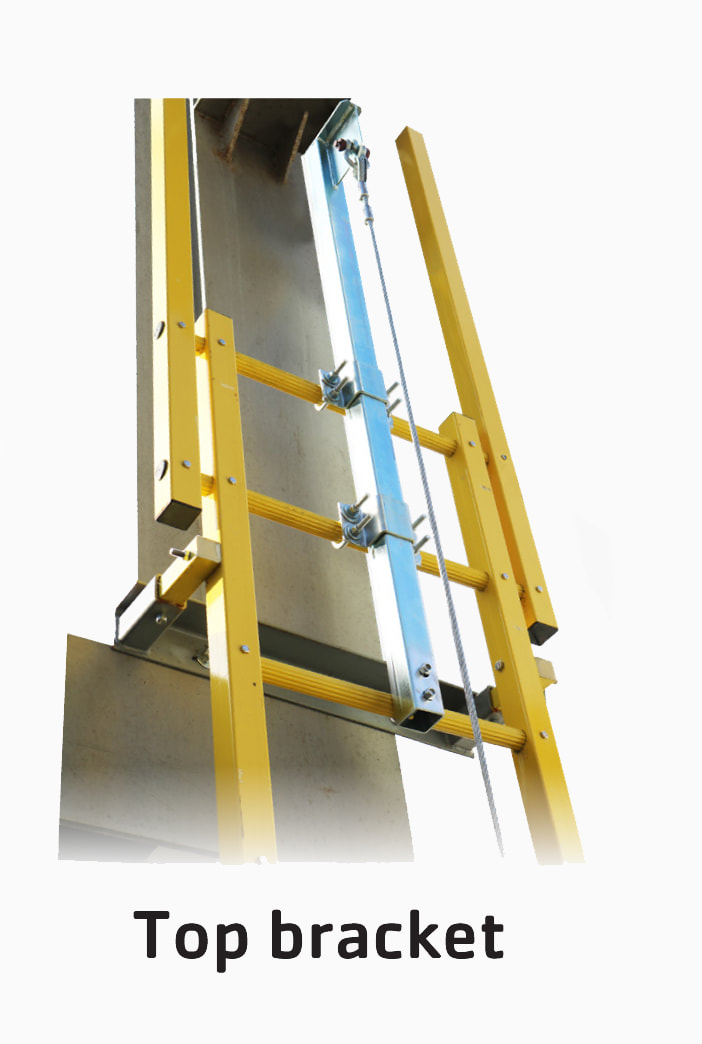 top-bracket-cable2_orig The top bracket of a cable climbing system, which shows an aluminum part the extends out and holds the top of the wire used with a wire rope grab.