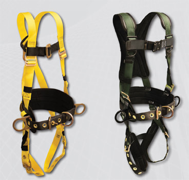 A yellow and a green full body harness.