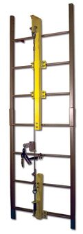 A cable climbing system with a ladder, rail, and a carabiner.